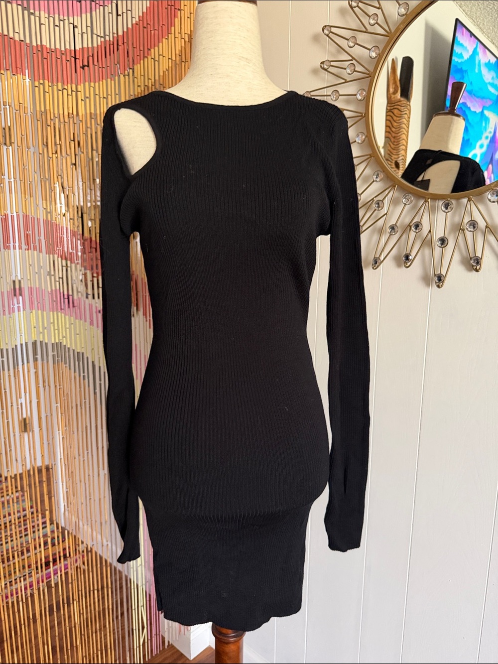 The Kooples Black Ribbed Cutout Long Sleeve Mini Dress